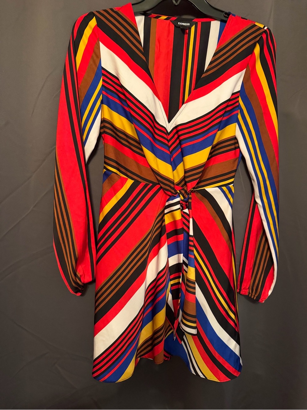 Express Multicolor Stripe Twist-Waist Long Sleeve Dress - Red, Blue & Yellow